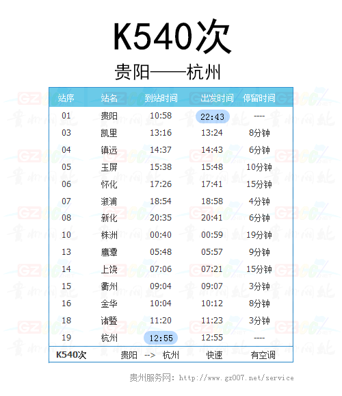 貴陽(yáng)至杭州K540次列車時(shí)刻表