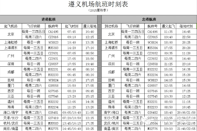 遵義新舟機(jī)場(chǎng)航班信息 